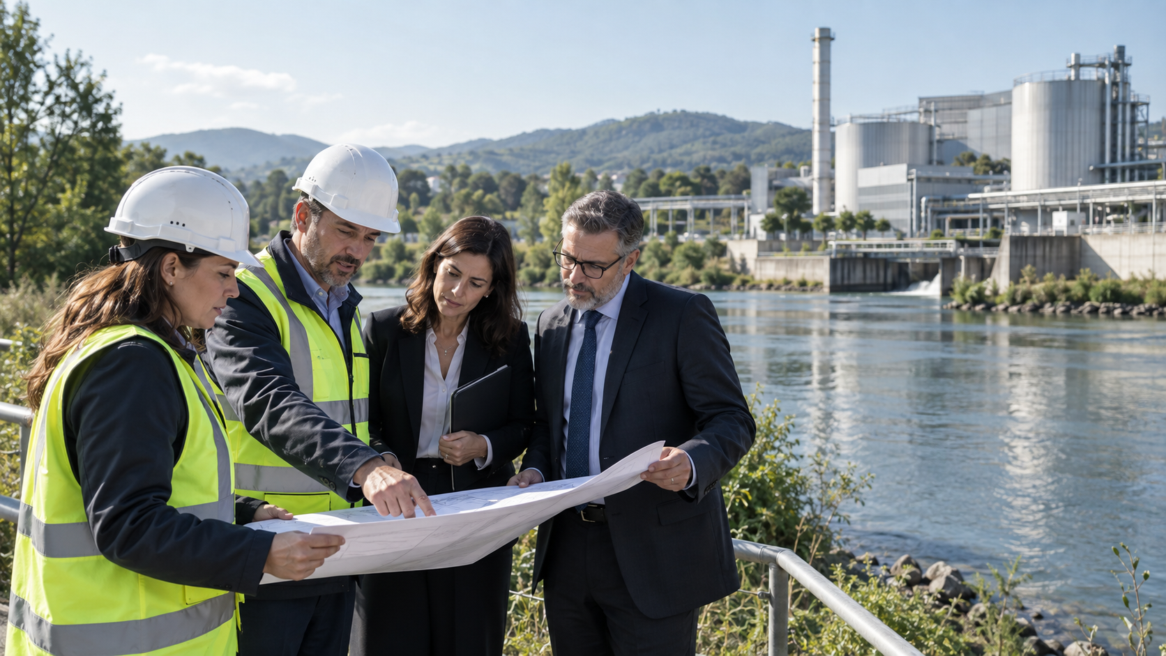 Environmental inspectors and legal advisers reviewing an industrial site