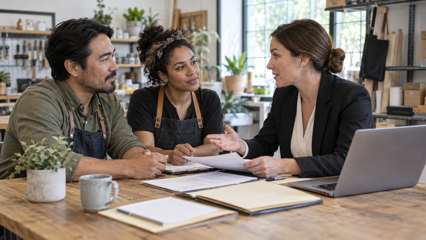 Small business owners reviewing legal compliance documents