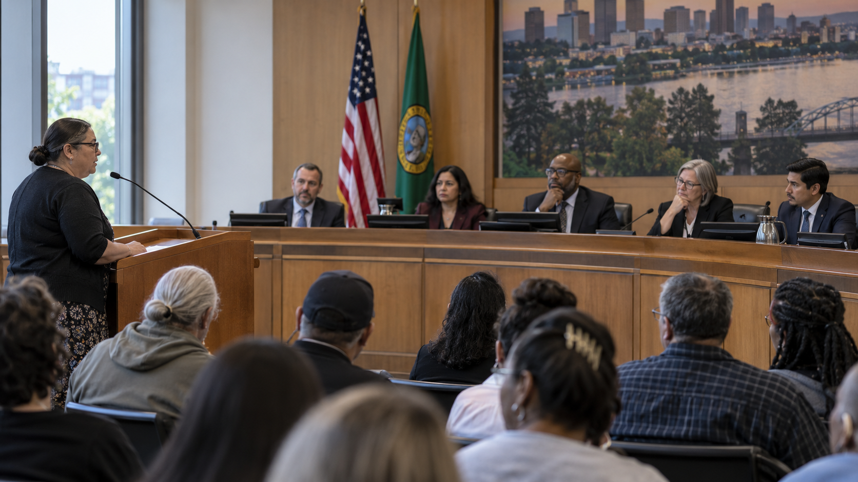 Residents and officials participating in a public policy hearing