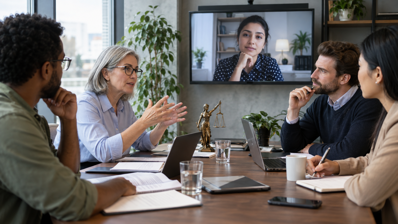Employees and manager discussing fair hybrid workplace policies