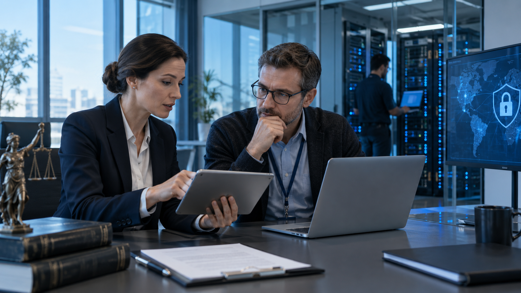 Legal and technology professionals reviewing data privacy controls
