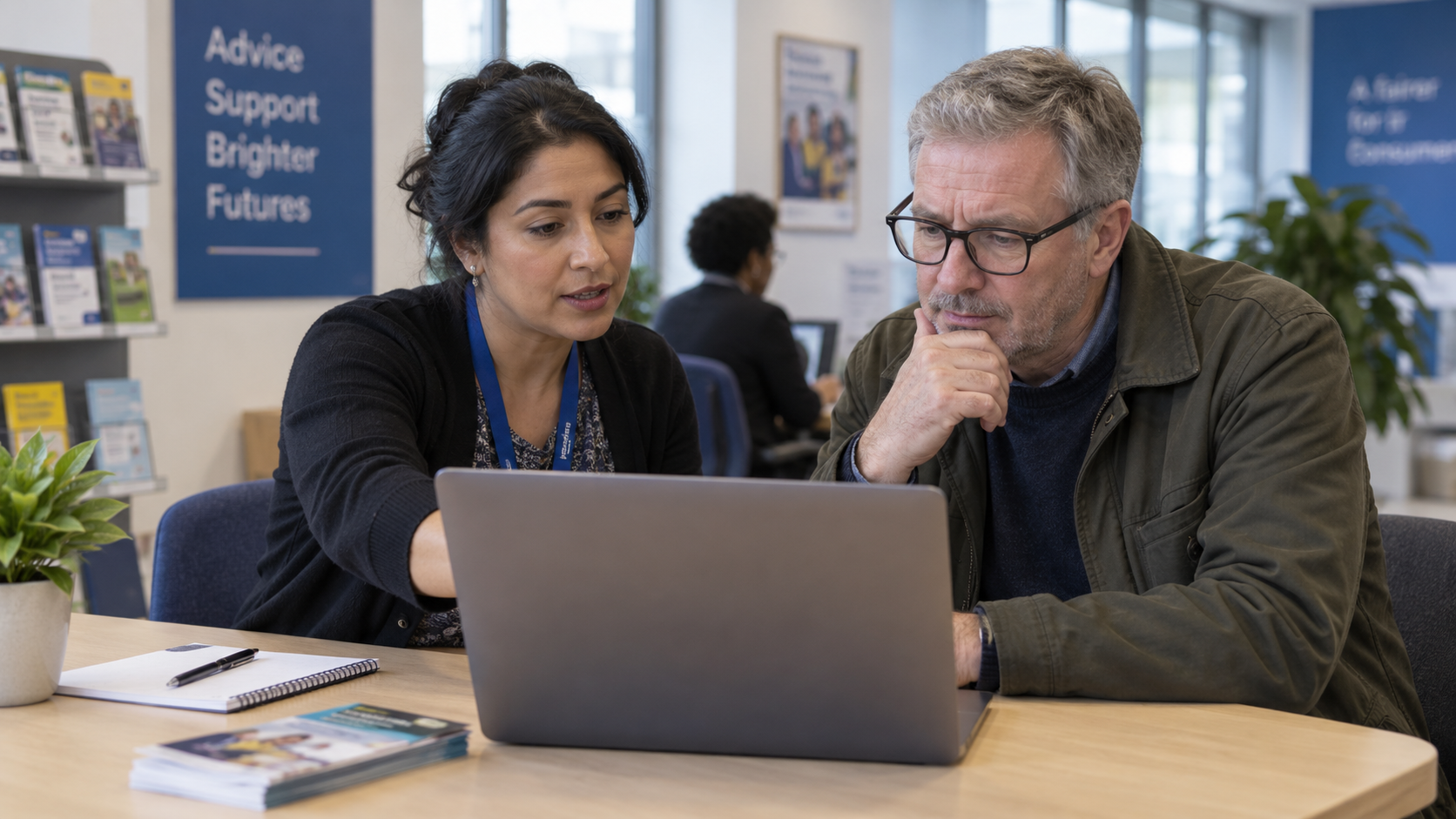 Consumer reviewing online purchase terms with a legal adviser